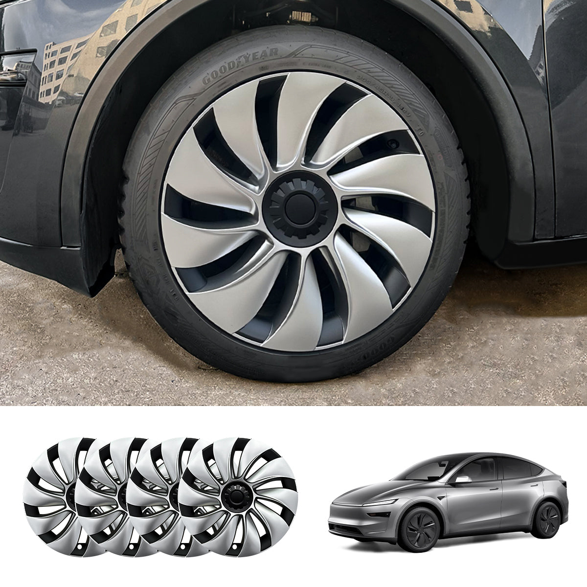 19'' Crossflow Hubcaps Wheel Covers – Spiral Spoke Style for Tesla Model Y Juniper 2025+ (Set of 4) Sculpted Cap Two-Tone – Black Cap