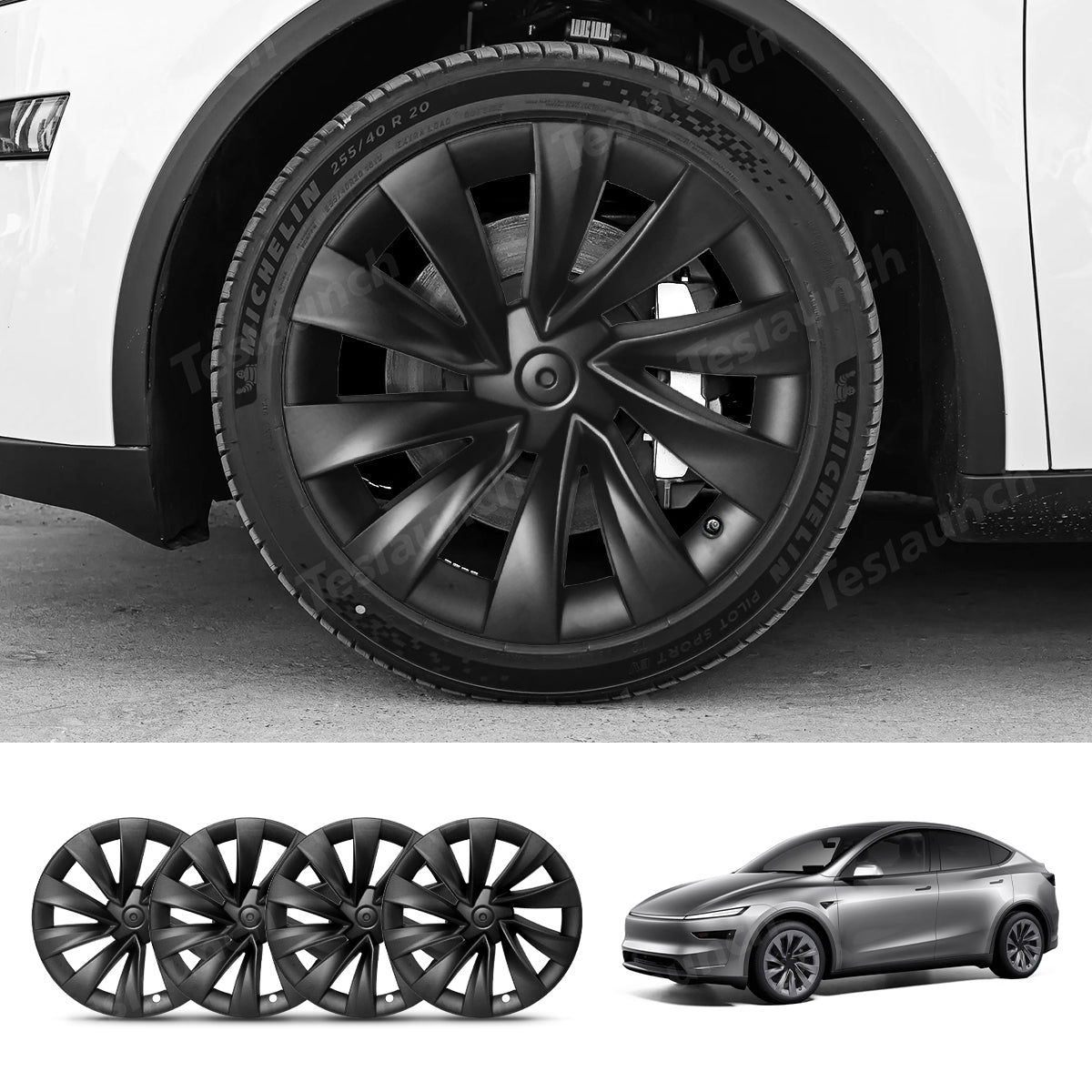 Helix 2.0 Style Wheel Hubcaps (Set of 4) for Tesla 2025+ Model Y Juniper 20'' Matte Black