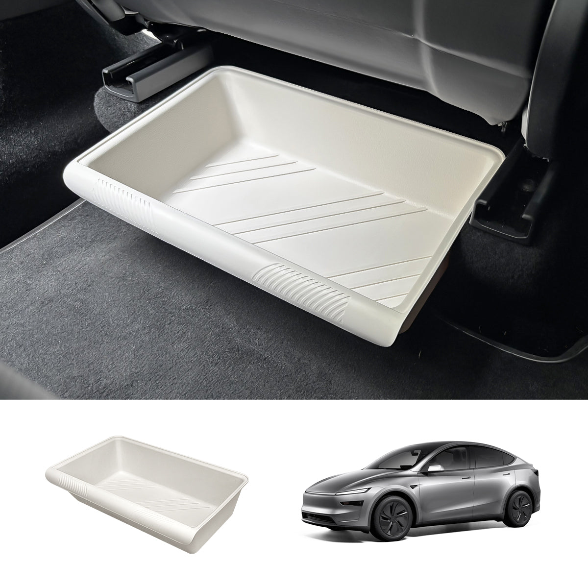 Under Seat Storage Box Sleek Organizer for Tesla Model Y Juniper 2025+ Without Lid White