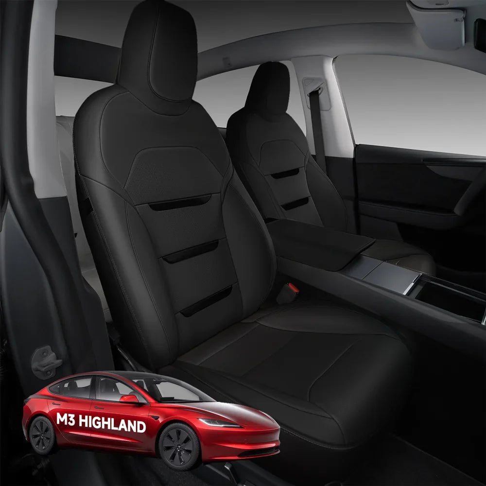 All-Inclusive 2024+ Tesla Model 3 Highland Seat Cover (3-Lined Insignia New Style) Nappa Leather+3-Lined Insignia Black Full Set (Front & Rear Seats)