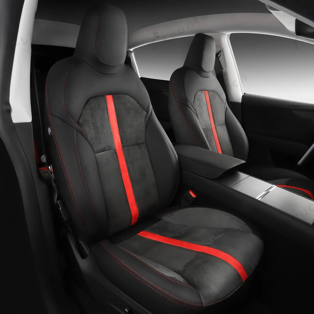 All-Inclusive 2018-2023 Model 3 Seat Cover for Tesla Alcantara Splicing Black Red Full Set (Front & Rear Seats)