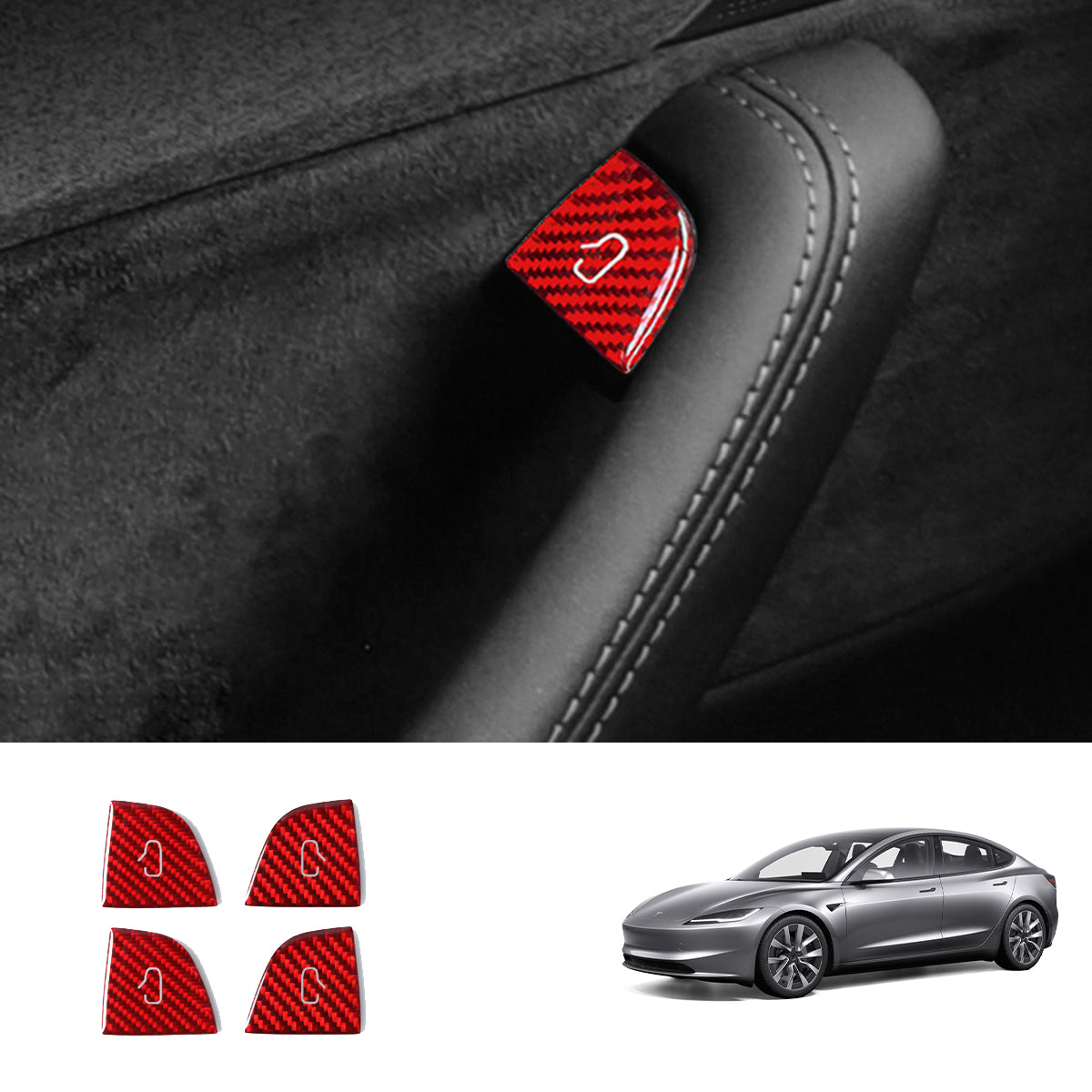 Real Carbon Fiber Window Switch Button Cover Sticker 4 PCS For Tesla Model 3 Highland 2024+ / Model Y Juniper 2025+ Model 3 Highland Red