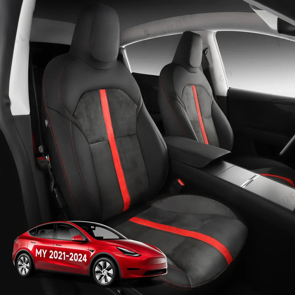 All-Inclusive 2020-2024 5 Seat Tesla Model Y Seat Cover Alcantara Splicing Black Red Full Set (Front & Rear Seats)