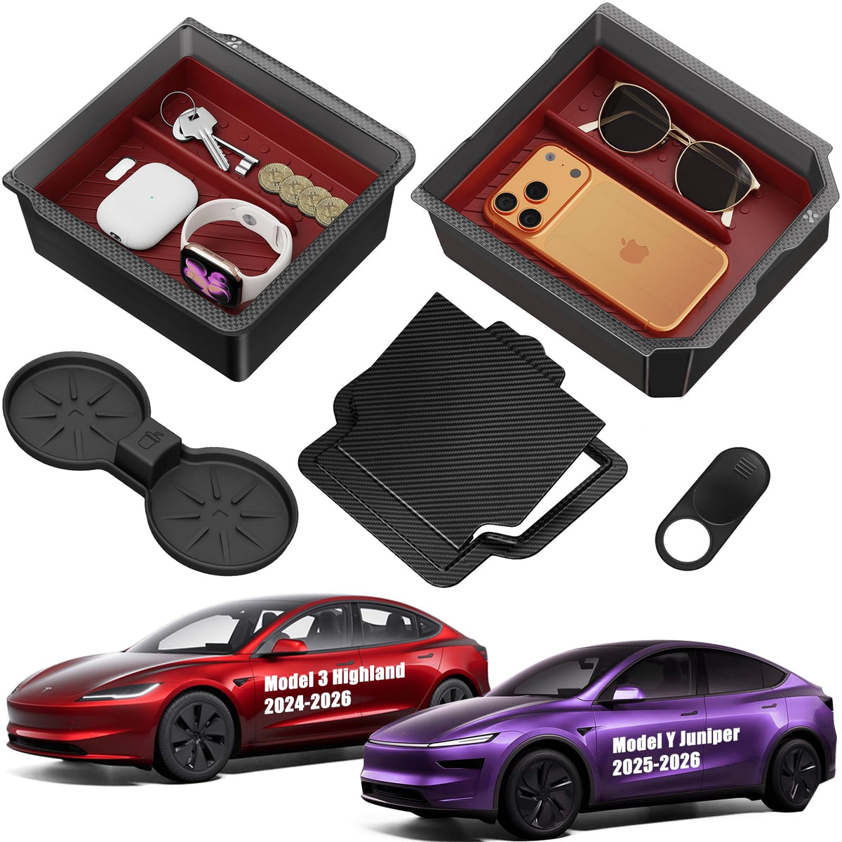Center Console Organizer Tray for Tesla Model Y Accessories 2026-2025 Red - PC Material
