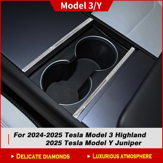 Crystal Bling Cup Holder Decorative Strips for Tesla Model Y Juniper & Model 3 Highland