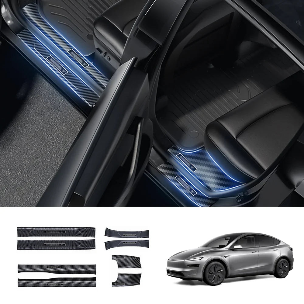 Carbon Fiber Style Door Sill Protector Set (8 Pieces) for Tesla Model Y Juniper 2025+ 8-Piece Set