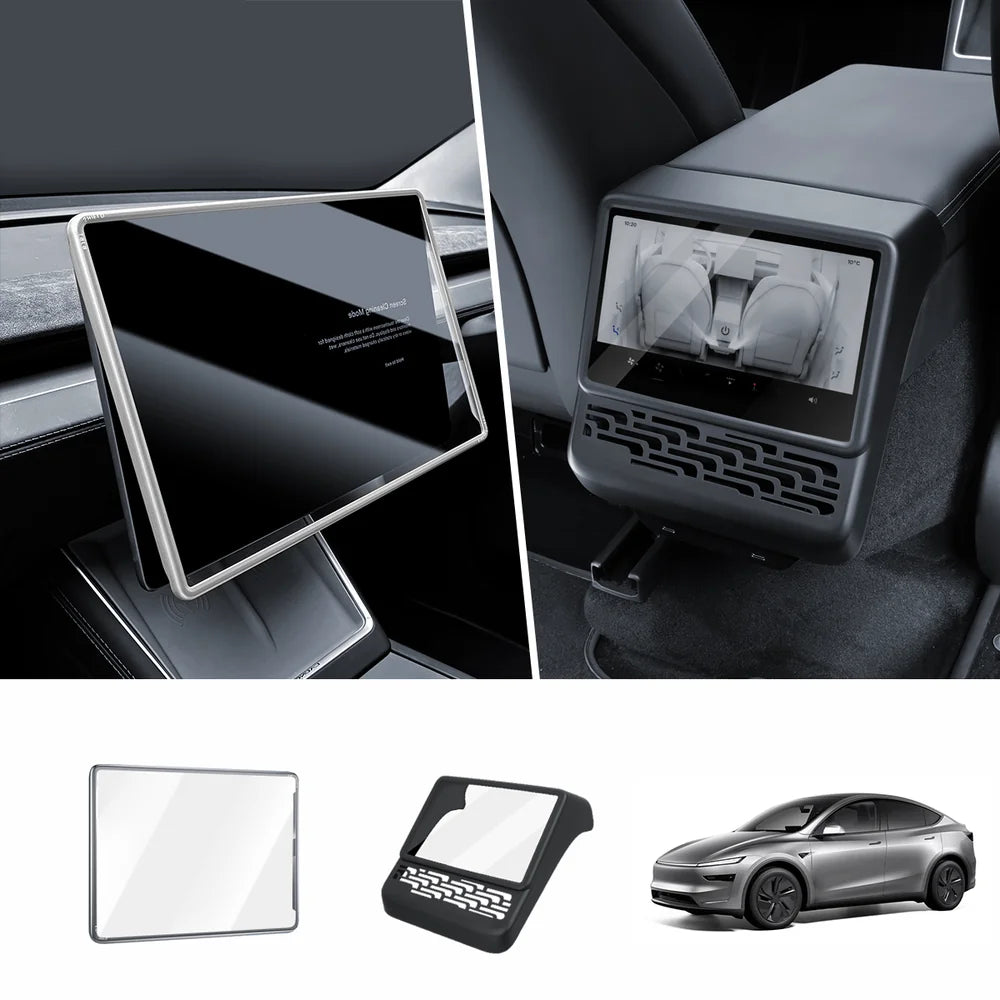 All-in-One Central Screen Tempered Glass & Frame Cover for Tesla Model Y Juniper 2025+ Front + Rear Set Silver