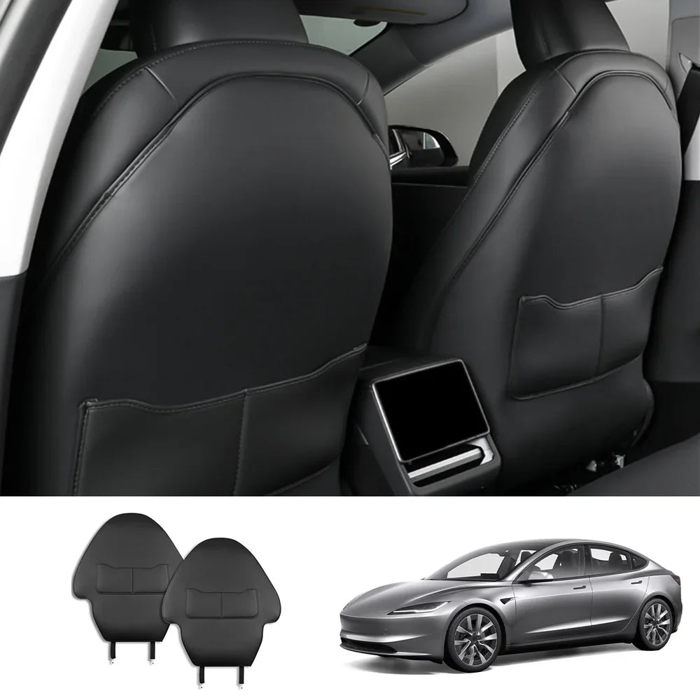 Nappa Leather Seat Back Kick Protector for Tesla Model Y Juniper 2025+ / Model 3 Highland 2024+ Double Pocket Model 3 Highland 2024+ 2-Piece Set