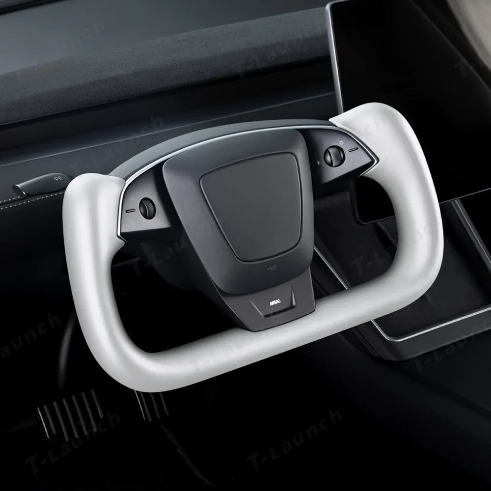 Premium Nappa Leather Yoke Steering Wheel for Tesla Model Y Juniper & Model 3 Highland– Inspired by Model S/X White