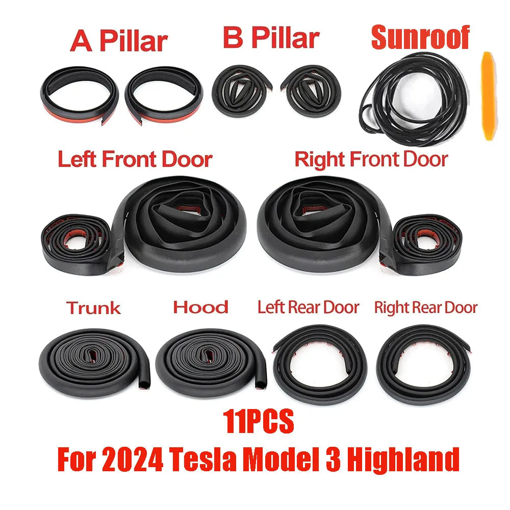 For Tesla Model 3 Highland,,Door Seal Strip Kit Rubber Noise Insulation Weather strip Trunk Hood Sunroof AB Pillar Trim Sealing