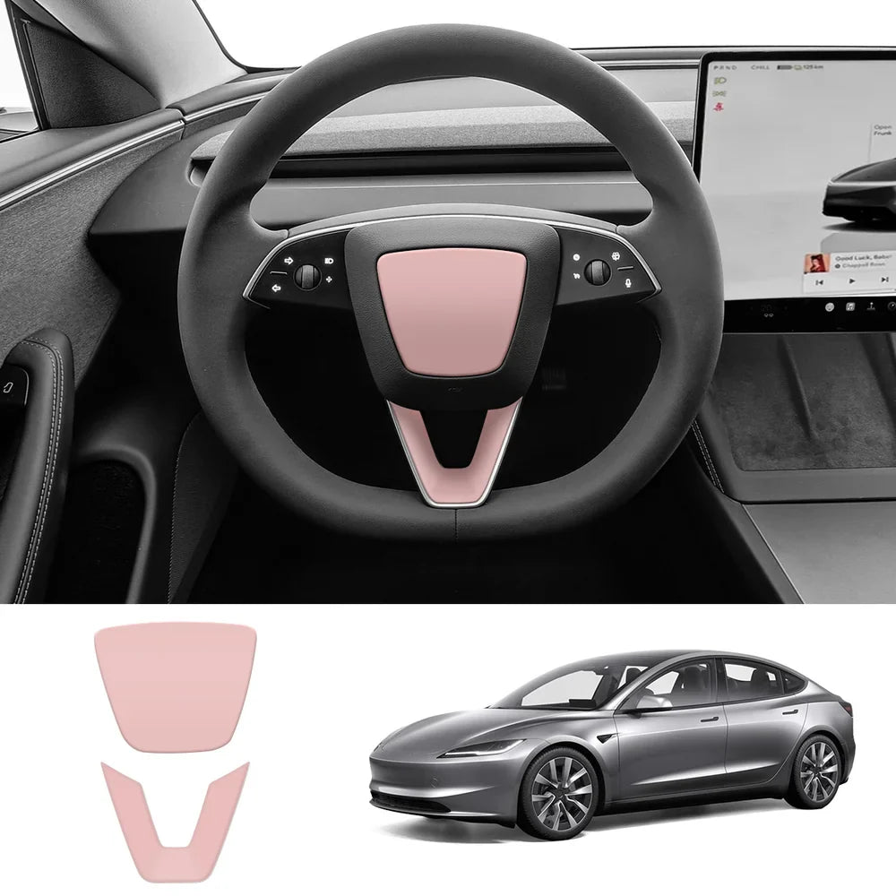 ABS Steering Wheel Center & V-Shape Trim for Tesla Model Y Juniper 2025+ / Model 3 Highland 2024+ Model 3 Highland 2024+ Full Set Matte Pink