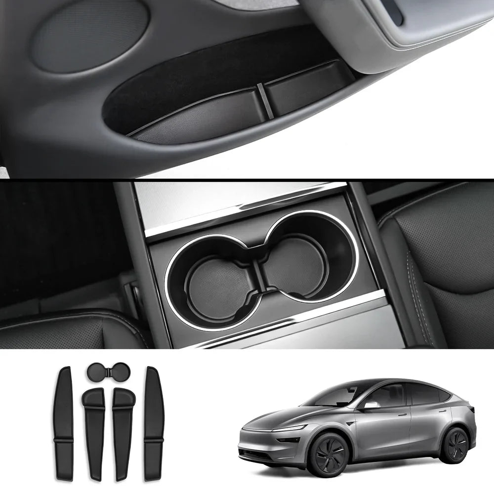 TPE Door Storage & Cup Holder Mats for Tesla Model Y Juniper 2025+ Black 5-Piece Set