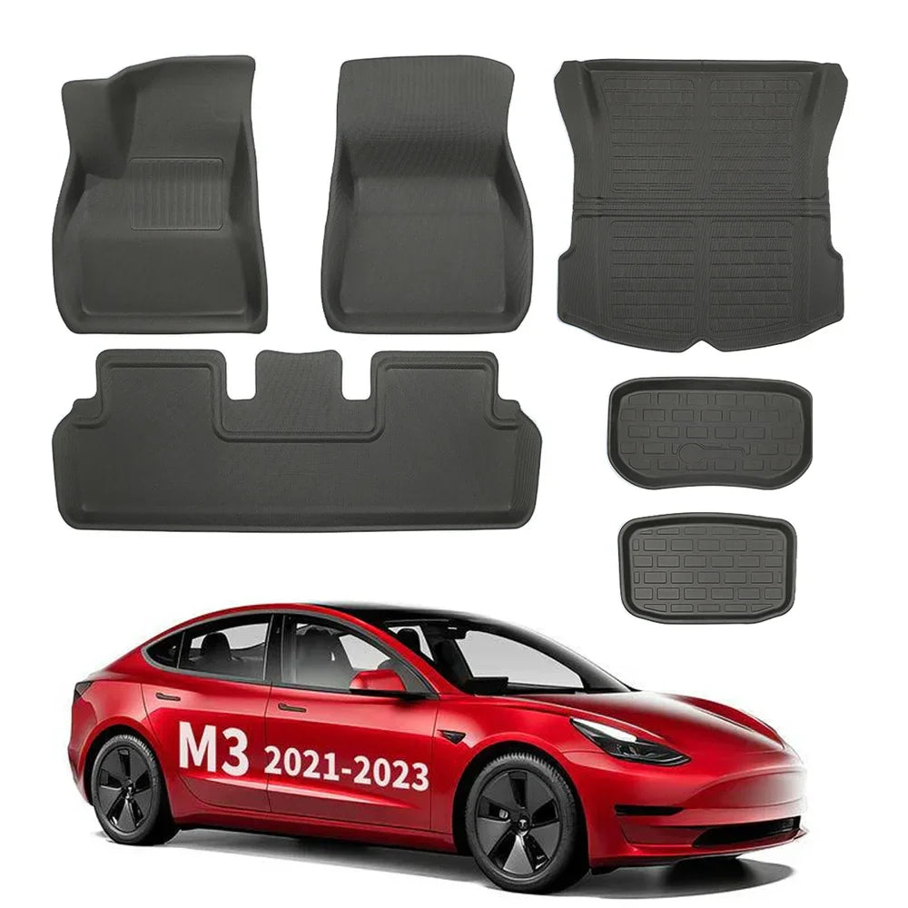 All Weather XPE Interior Floor Mats Cargo Liners Set for 2021-2023 Tesla Model 3 Full Set (6 PCS) Left-Hand Drive