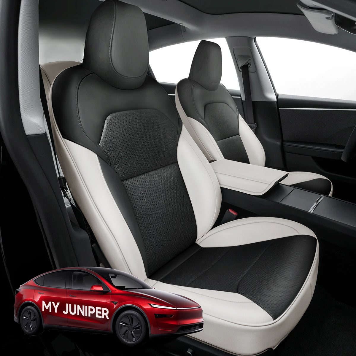 All-Inclusive Seat Cover for New Tesla Model Y Juniper 2025+ Nappa Leather White Black Full Set (Front & Rear Seats)