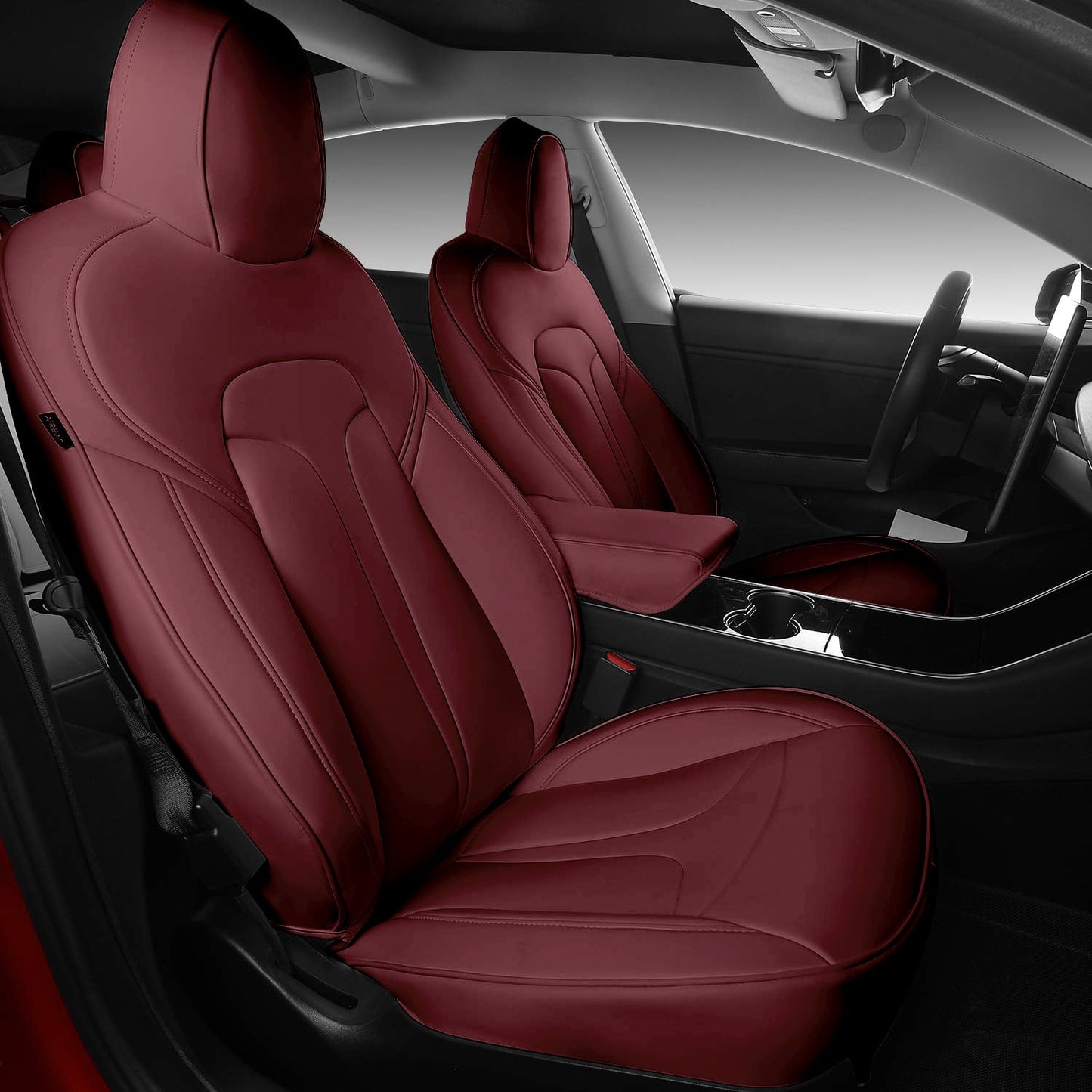 All-Inclusive 2020-2024 5 Seat Tesla Model Y Seat Cover Standard Leather Vertical stripes Wine Red Full Set (Front & Rear Seats)
