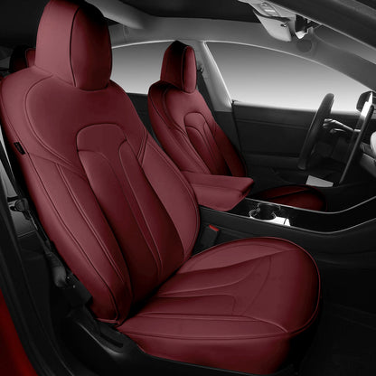 All-Inclusive 2020-2024 5 Seat Tesla Model Y Seat Cover Standard Leather Vertical stripes Wine Red Full Set (Front & Rear Seats)