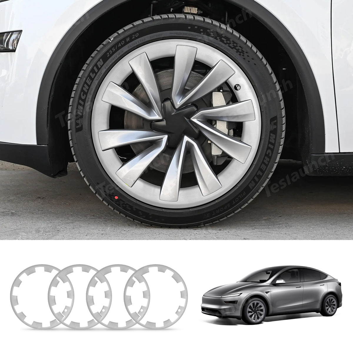 All-in-one Rim Protector for Tesla Model Y Juniper 20’’ Helix 2.0 Wheels Silver Standard Set (4 PCS)