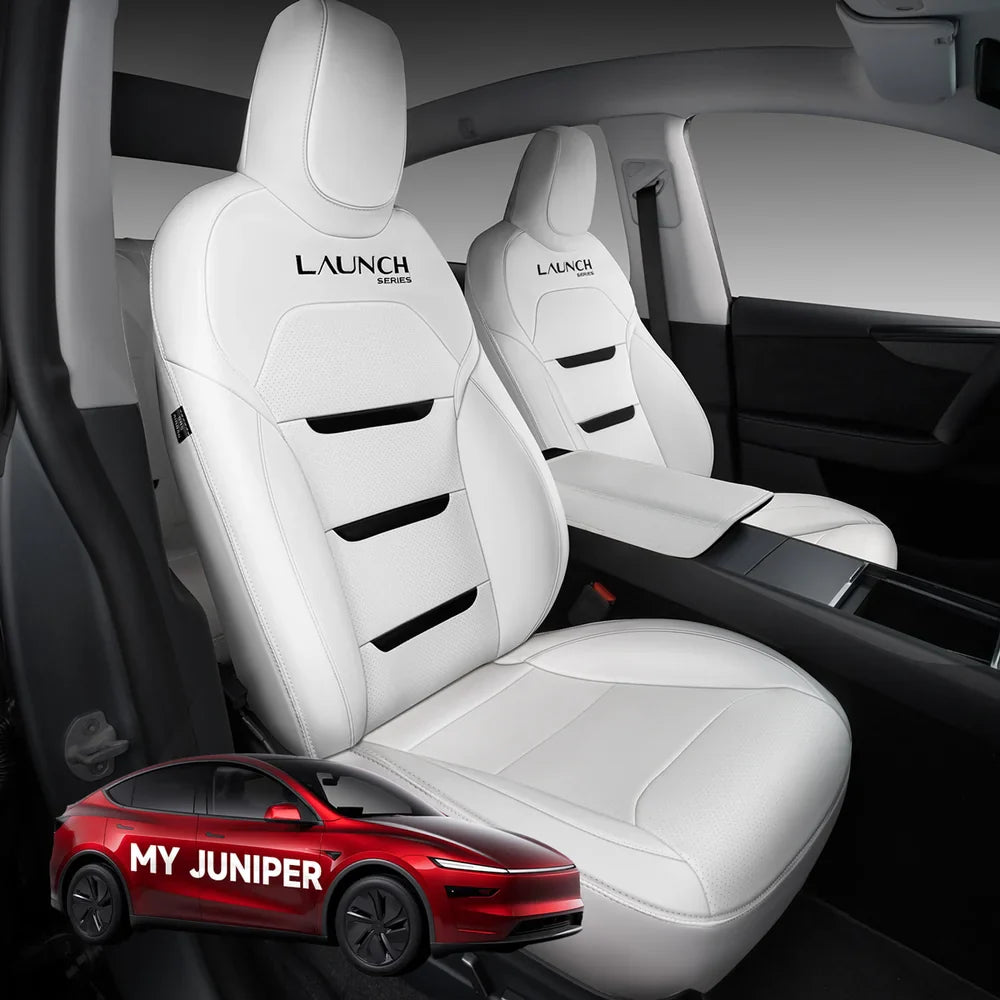 All-Inclusive Seat Cover for New Tesla Model Y Juniper 2025+ (3-Lined Insignia With Launch Series Embroidery Logo) Nappa With Logo+3-Lined Insignia White Full Set (Front & Rear Seats)