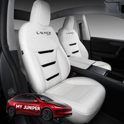 All-Inclusive Seat Cover for New Tesla Model Y Juniper 2025+ (With Launch Series Embroidery Logo) Nappa Leather+3-Lined Insignia White Full Set (Front & Rear Seats)
