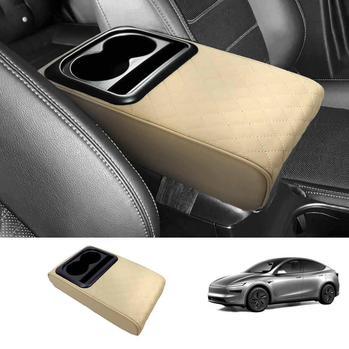 Center Console Armrest Heightening Cushion – Comfortable Support for Tesla Model 3/Y/S/X/CT Beige