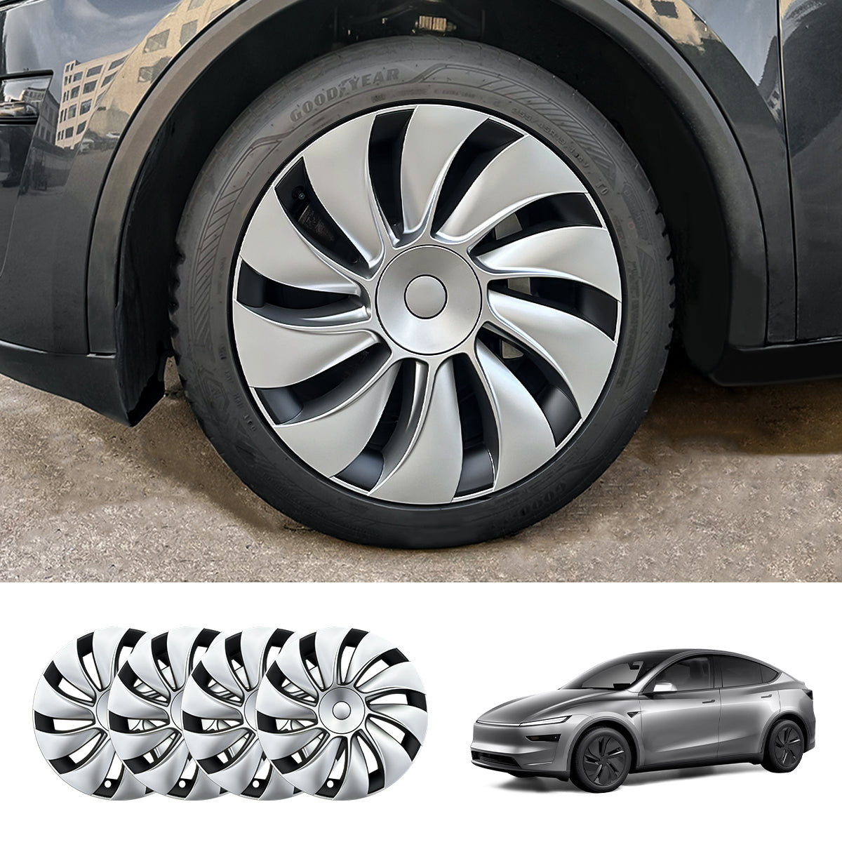 19'' Crossflow Hubcaps Wheel Covers – Spiral Spoke Style for Tesla Model Y Juniper 2025+ (Set of 4) Classic Cap Two-Tone – Silver Cap
