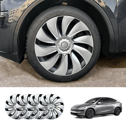 19'' Crossflow Hubcaps Wheel Covers – Spiral Spoke Style for Tesla Model Y Juniper 2025+ (Set of 4) Sculpted Cap Two-Tone – Silver Cap