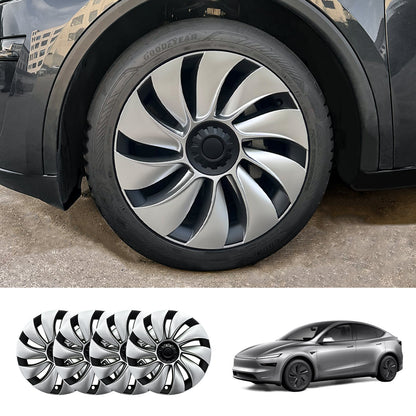 19'' Crossflow Hubcaps Wheel Covers – Spiral Spoke Style for Tesla Model Y Juniper 2025+ (Set of 4) Sculpted Cap Two-Tone – Black Cap