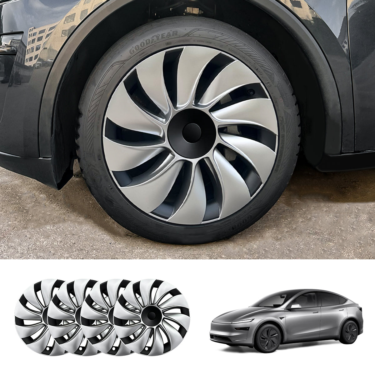 19'' Crossflow Hubcaps Wheel Covers – Spiral Spoke Style for Tesla Model Y Juniper 2025+ (Set of 4) Classic Cap Two-Tone – Black Cap