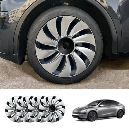 19'' Crossflow Hubcaps Wheel Covers – Spiral Spoke Style for Tesla Model Y Juniper 2025+ (Set of 4) Classic Cap Two-Tone – Black Cap