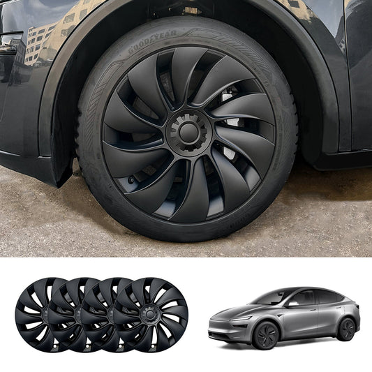 19'' Crossflow Hubcaps Wheel Covers – Spiral Spoke Style for Tesla Model Y Juniper 2025+ (Set of 4) Sculpted Cap Matte Black