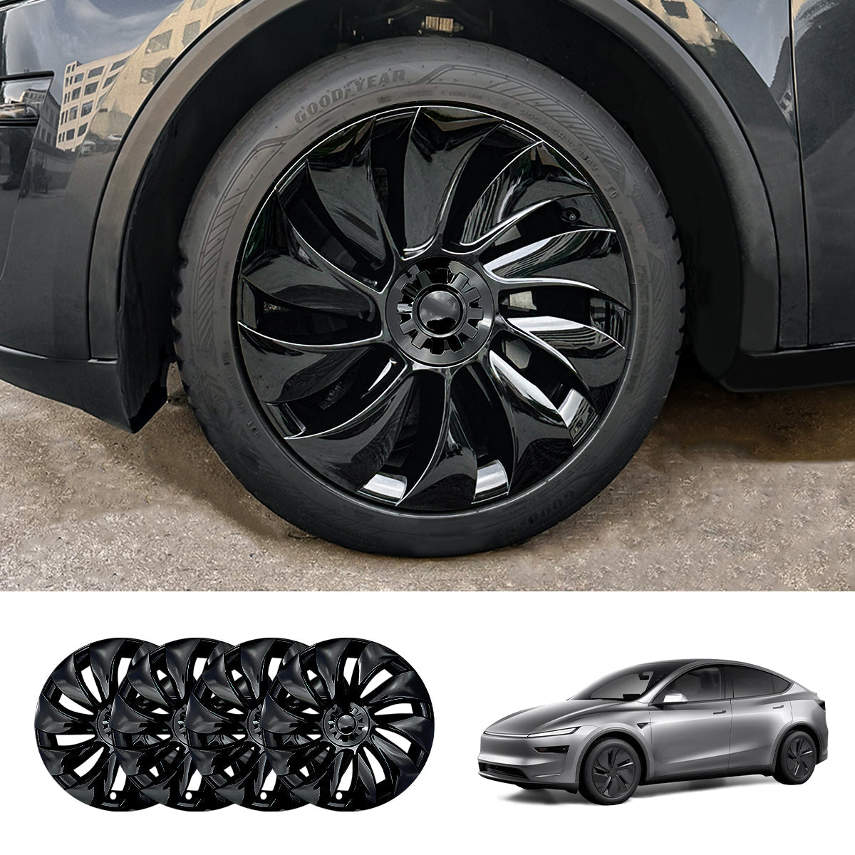 19'' Crossflow Hubcaps Wheel Covers – Spiral Spoke Style for Tesla Model Y Juniper 2025+ (Set of 4) Sculpted Cap Glossy Black