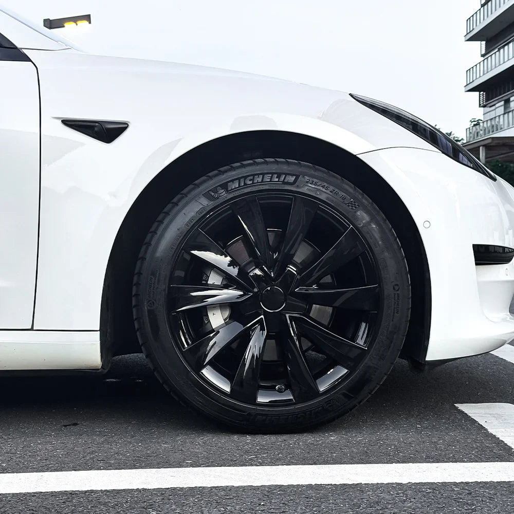 18'' Aero Hubcaps Wheel Covers for Tesla Model 3 (2017–2023) – Helix 2.0 Style (Set of 4) Glossy Black 4-Piece Set