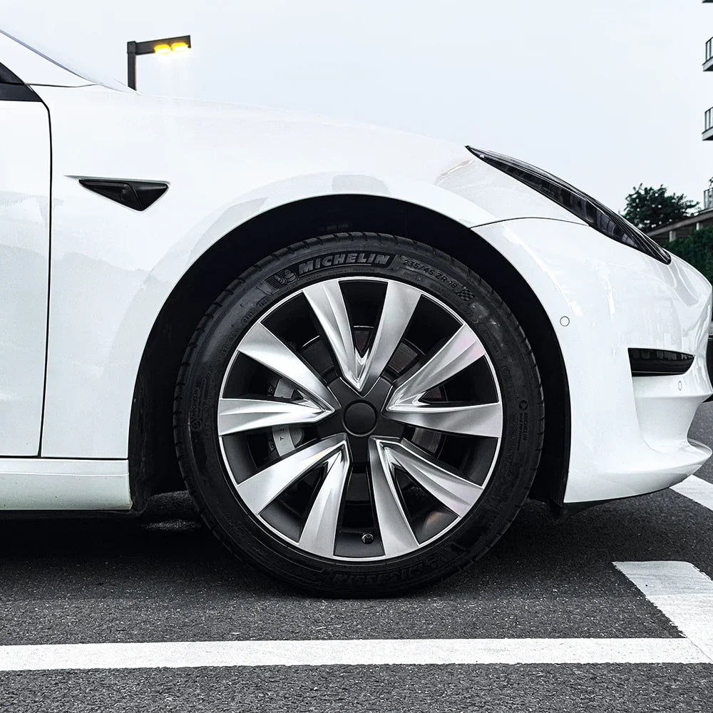 18'' Aero Hubcaps Wheel Covers for Tesla Model 3 (2017–2023) – Helix 2.0 Style (Set of 4) Dual-Tone Silver & Black 4-Piece Set