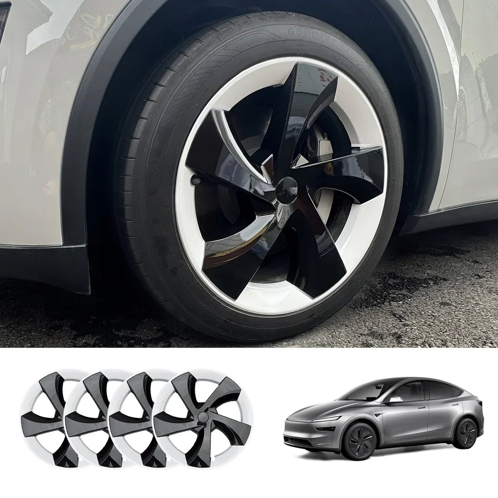19'' Crossflow Hubcaps Wheel Covers – Twist Spoke Style for Tesla Model Y Juniper 2025+ (Set of 4) Black & White Two-Tone 4-Piece Set