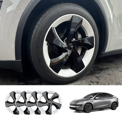 19'' Crossflow Hubcaps Wheel Covers – Twist Spoke Style for Tesla Model Y Juniper 2025+ (Set of 4) Black & White Two-Tone 4-Piece Set