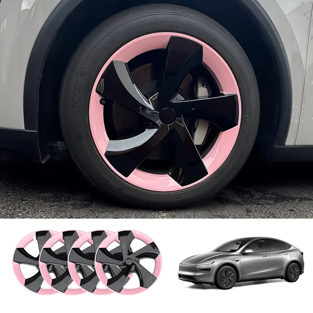 19'' Crossflow Hubcaps Wheel Covers – Twist Spoke Style for Tesla Model Y Juniper 2025+ (Set of 4) Light Pink & Black Two-Tone 4-Piece Set