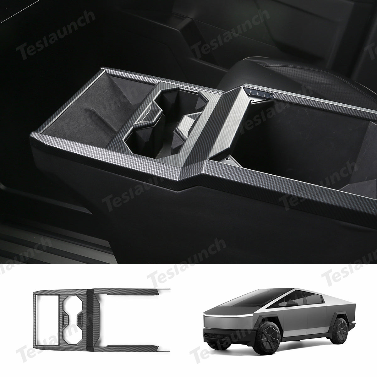 Center Console Cup Holder Panel Trim Cover (Carbon Fiber Pattern ABS) for Cybertruck Matte Carbon Fiber