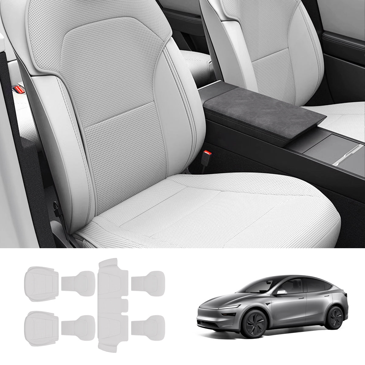 Napa Leather Seat Cushion Set – All-Season Ventilated Comfort for Tesla Model Y Juniper 2025+ (7-Piece Set) White