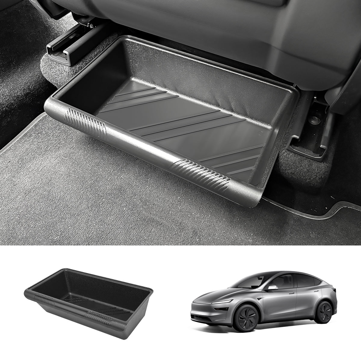 Under Seat Storage Box Sleek Organizer for Tesla Model Y Juniper 2025+ Without Lid Black