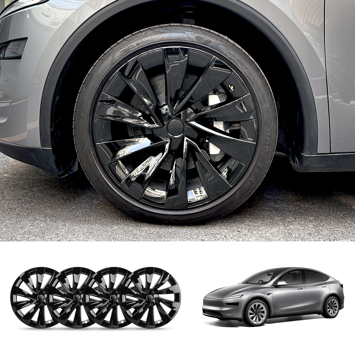 Helix 2.0 Style Wheel Hubcaps (Set of 4) for Tesla 2025+ Model Y Juniper 20'' Glossy Black