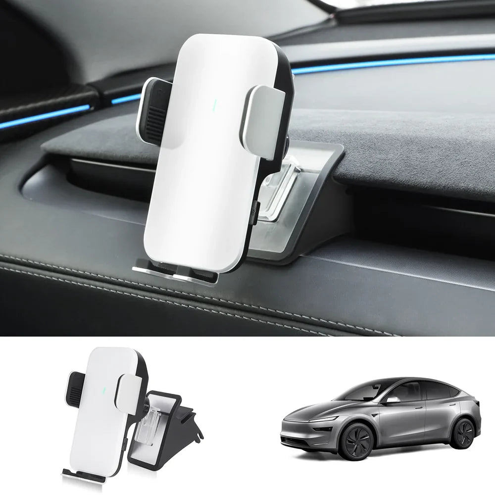 Dashboard Phone Holder with Solar Auto Clamp for Tesla Model Y Juniper 2025+ White (Phone Holder + Base)