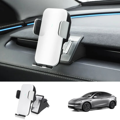 Dashboard Phone Holder with Solar Auto Clamp for Tesla Model Y Juniper 2025+ White (Phone Holder + Base)