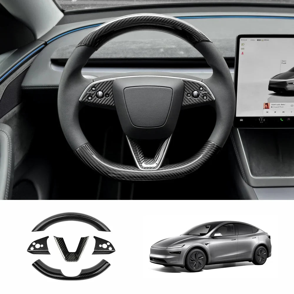 [Real Carbon Fiber] Steering Wheel Trim Cover Kit for Tesla Model Y Juniper 2025+ Glossy Carbon Fiber Full Kit *5 Pcs