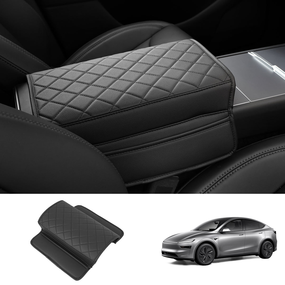 Leather Center Armrest Cover with Side Pockets for Tesla Model Y Juniper 2025+ Faux Leather