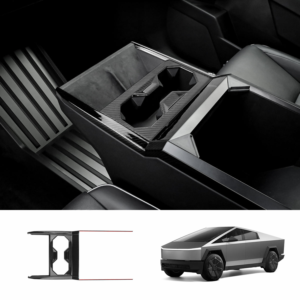 [Real Carbon Fiber] Center Console Cup Holder Panel Trim Cover for Cybertruck Glossy Carbon Fiber