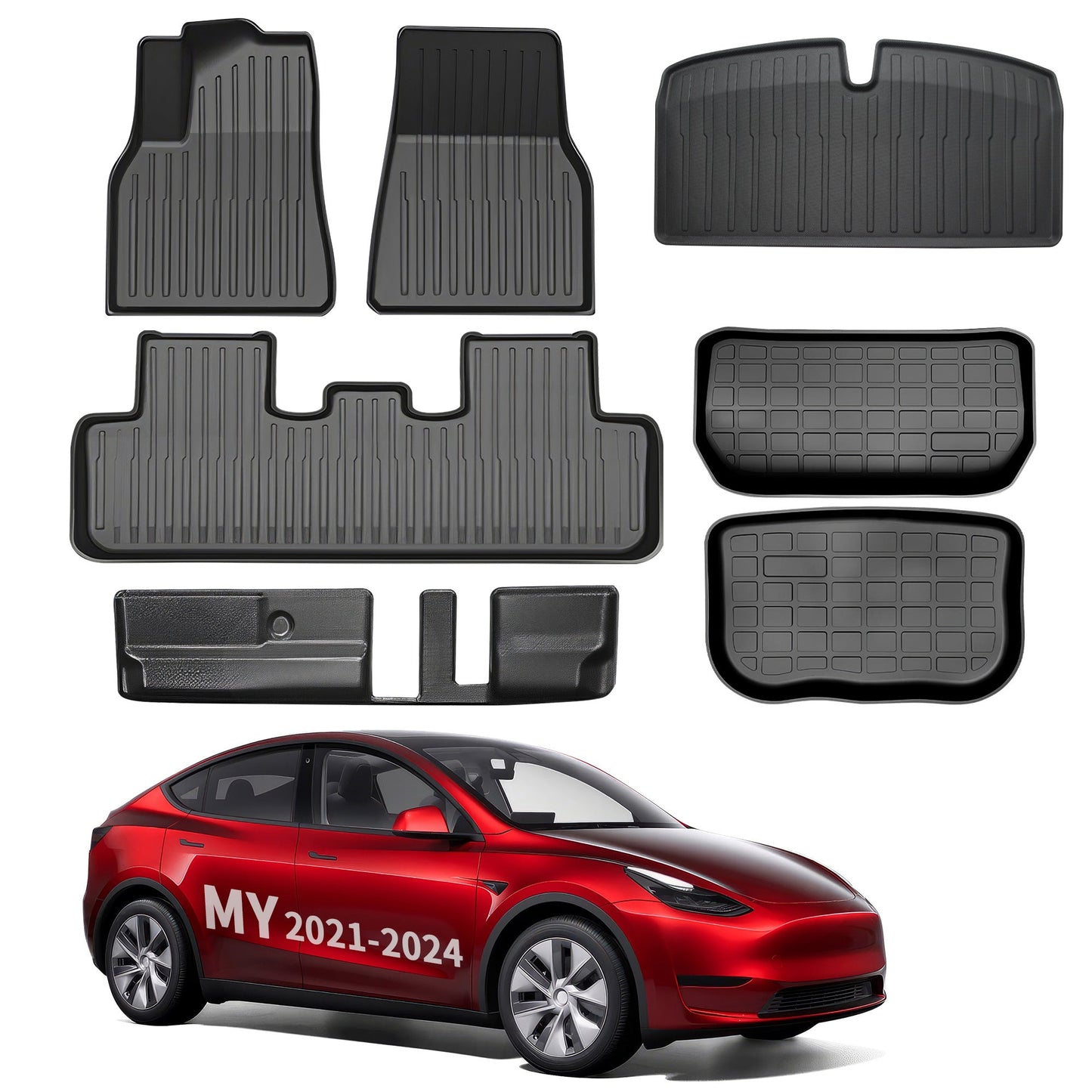 All Weather TPE Interior Floor Mats Cargo Liners Set for Tesla 2021-2024 Model Y Full Set (6 PCS) 7 Seats Left-Hand Drive