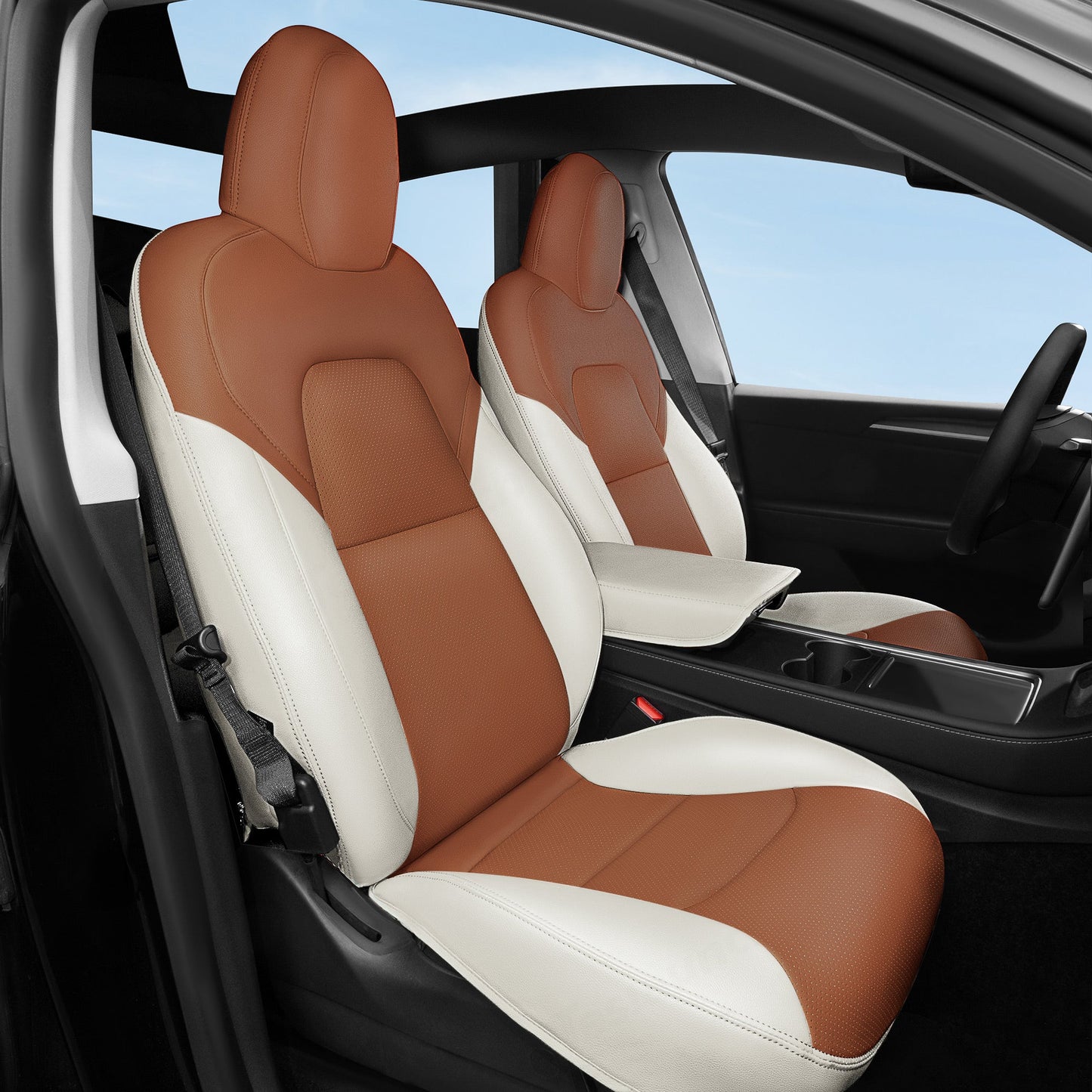 All-Inclusive 2018-2023 Model 3 Seat Cover for Tesla Standard Leather Beige Coffee Full Set (Front & Rear Seats)