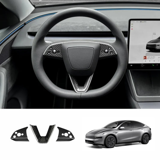 [Real Carbon Fiber] Steering Wheel Trim Cover Kit for Tesla Model Y Juniper 2025+ Glossy Carbon Fiber Trim Kit (Button + V Cover) *3 Pcs