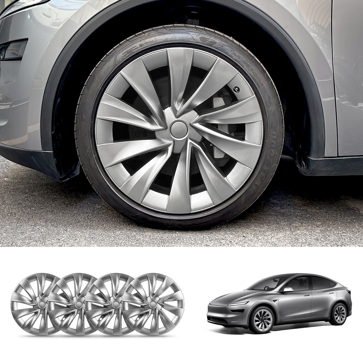 Helix 2.0 Style Wheel Hubcaps (Set of 4) for Tesla 2025+ Model Y Juniper 20'' Helix 2.0 Wheels Silver