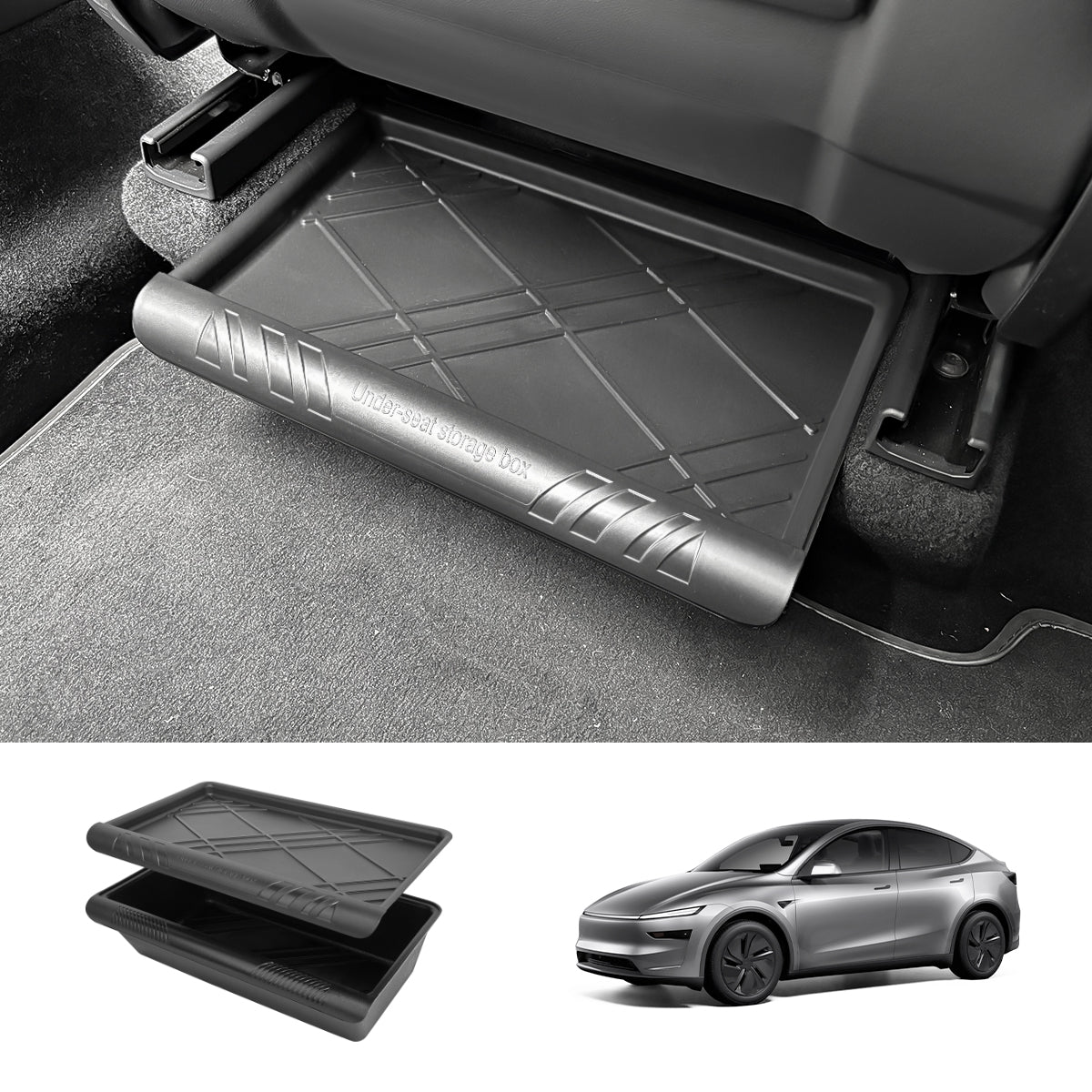 Under Seat Storage Box Sleek Organizer for Tesla Model Y Juniper 2025+ With Lid Black